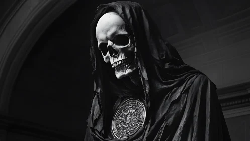 Hooded skeletal reaper looms in a dimly lit, gothic hall