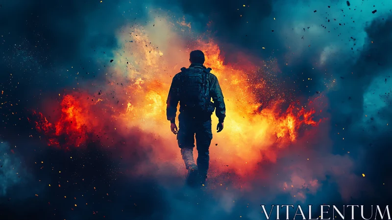 Figure in tactical gear positioned centrally within explosive fire and smoke environment