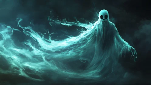 Ghostwind wraith unfurling in eerie teal stormlight.