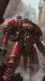 Colossal red mech strides through misty ruined courtyard.