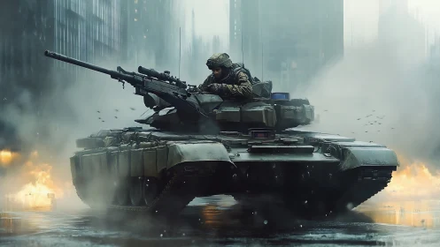 Armored battle tank advancing through burning city streets.