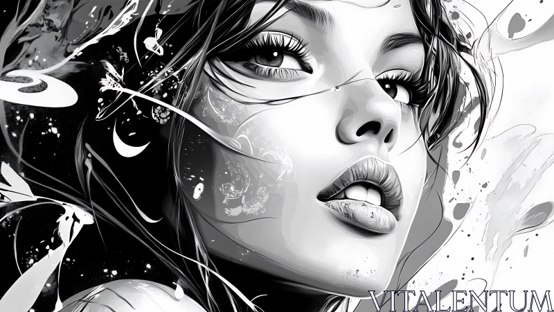 Monochrome vector portrait with fluid cosmic abstraction.