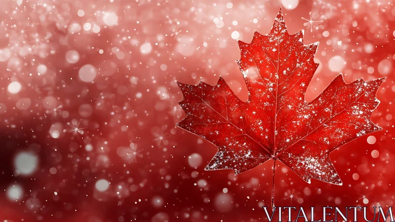 Sparkling maple leaf drifting through rosy winter dream.