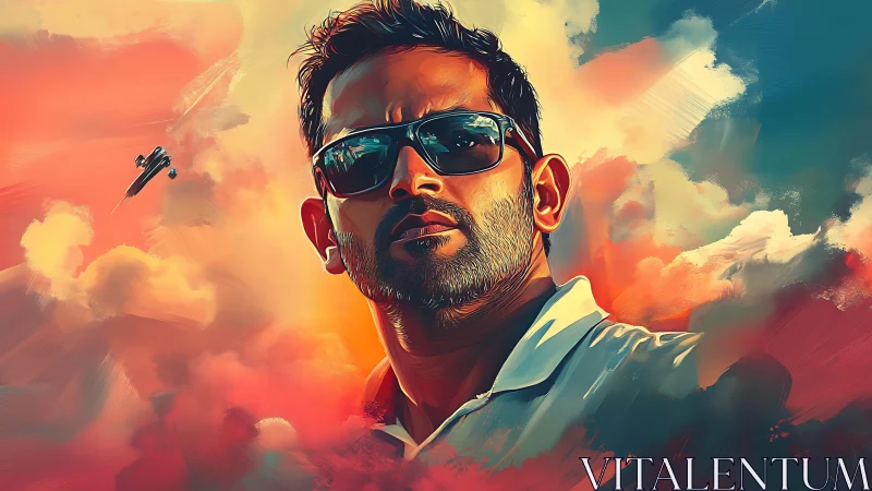 Portrait of man in sunglasses amid stylized clouds.