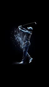 Digital golf swing silhouette with electric blue highlights.