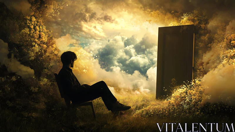 Dreamer at the luminous doorway between clouds and earth.