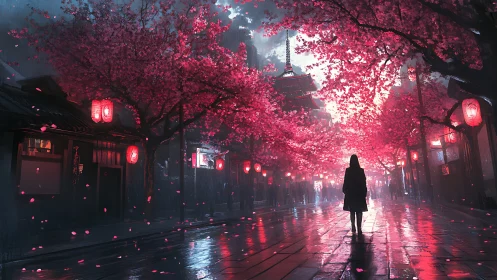 Cherry blossom neon storms quietly crown a rainlit street