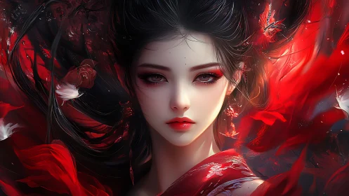 Digital portrait of woman in red with flowing dark hair.