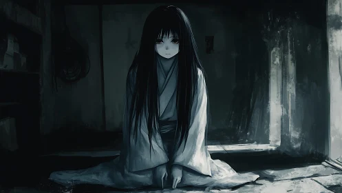 Long haired girl kneeling in dim abandoned interior space.