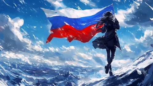 Solitary figure commands tricolor flag in alpine gale.