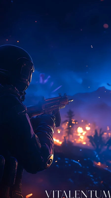 Lone space soldier watching a neon battlefield ignite at dusk.