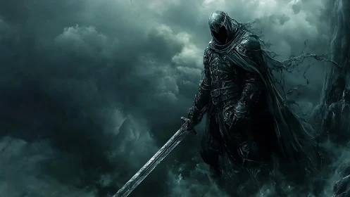 Dark armored wraith knight stalks stormlit abyssal cliff