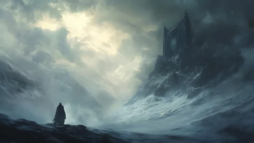 Lone cloaked figure crossing frozen pass toward dark citadel.