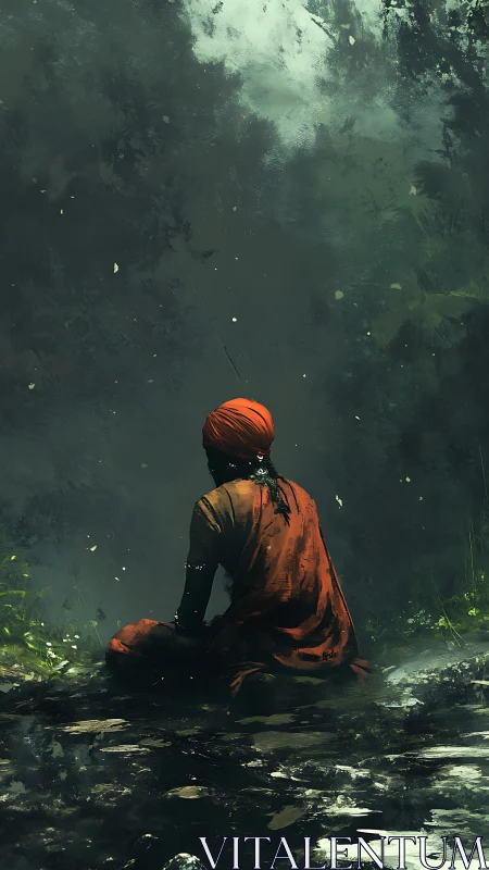 Quiet riverbank meditation in a misty green forest.