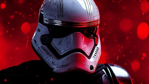 Armored sci-fi soldier stands against intense red glow.