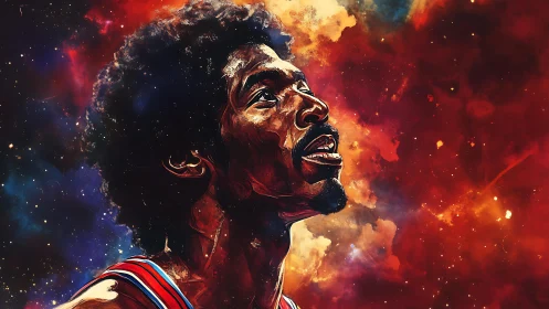 Basketball portrait against vivid cosmic nebula background.