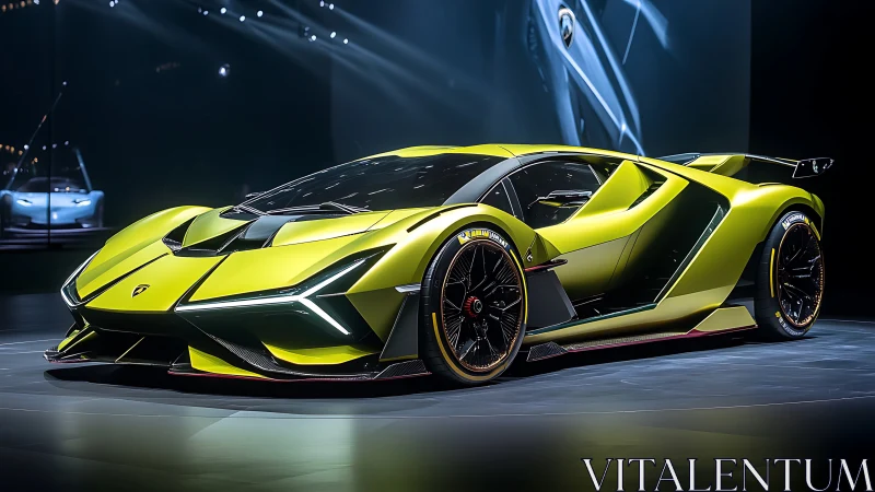Photorealistic lime hypercar with angular LED aero sculpting.