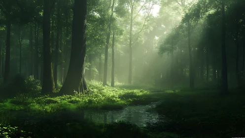 Misty Forest Stream: Volumetric Light Through Verdant Woodland.