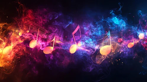 Luminescent musical notes in vibrant chromatic nebula.