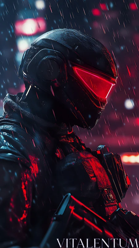 Cybernetic soldier in neon rain rendered with cinematic lighting