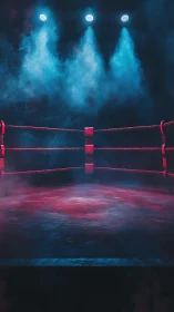 Empty boxing ring under blue stage lights.