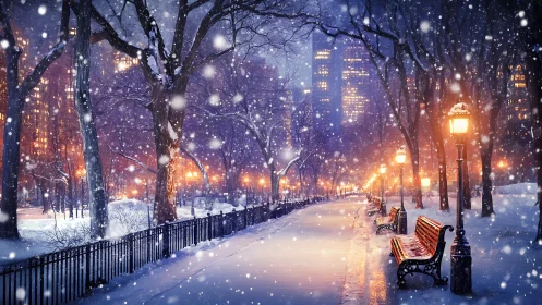 Snowy city park path with benches and glowing lamps.