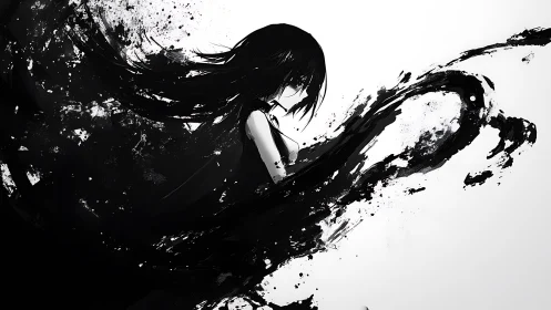 Monochrome female figure merged with abstract ink swirls.