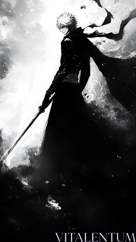 Monochrome swordsman silhouette in high-contrast ink storm.