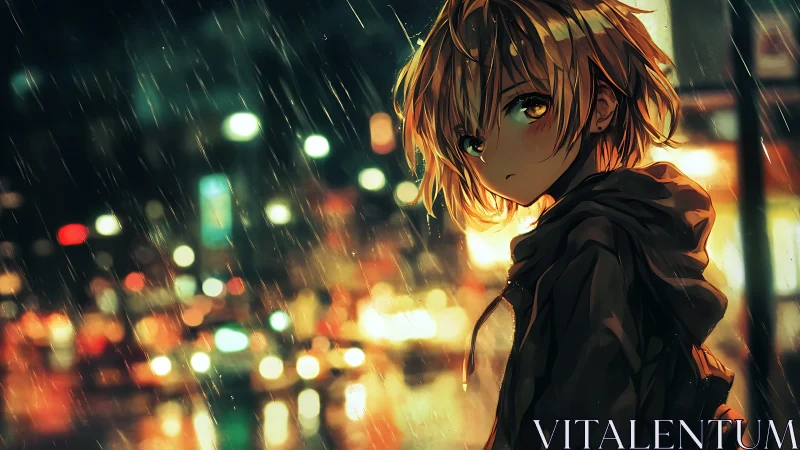 Rain-soaked anime teen amid neon city night bokeh glow.