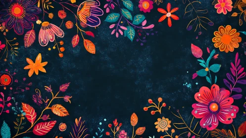 Vibrant Floral Vector Composition with Neon Botanical Elements on Dark Background