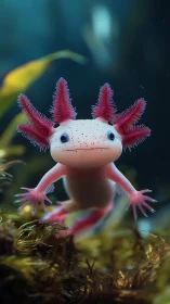 Curious pink axolotl drifts through a softly lit kelp forest