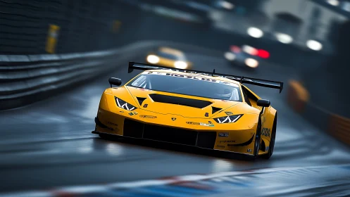 Yellow GT race car on wet circuit under dynamic motion blur.