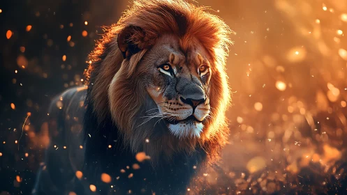 Majestic lion walks through glowing embers at golden dusk