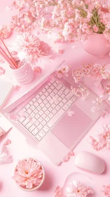 Petal-soft laptop daydreams type gently through pink blooms