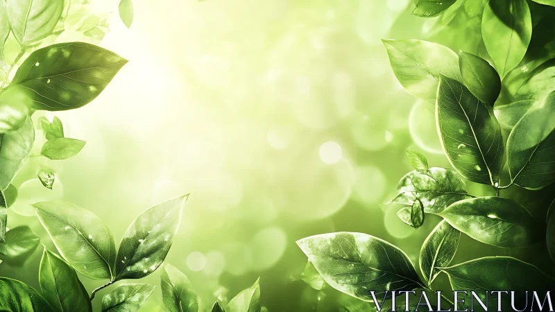 Sunlit green leaves framing a softly glowing forest view.