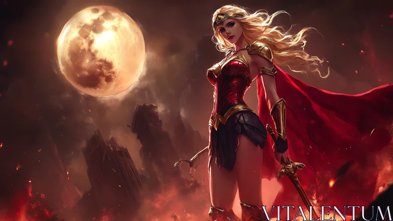 Heroic warrior under blood moon in fiery fantasy landscape.