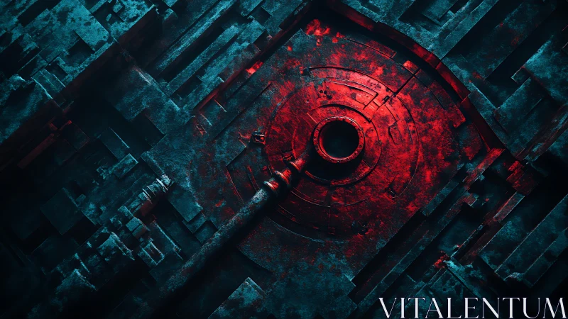 Red industrial core within teal geometric structure.