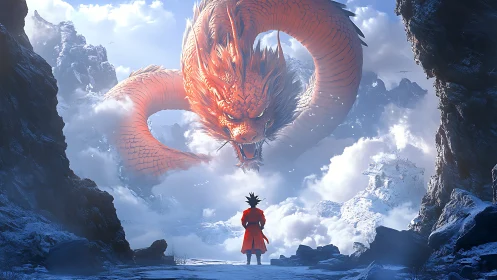 Majestic sky dragon meets a brave traveler in icy peaks