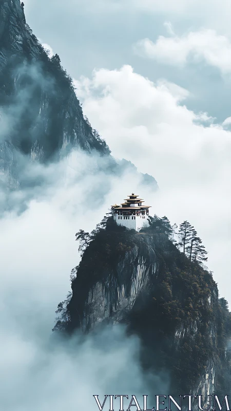 Cloud-wrapped mountain temple quietly balances between worlds