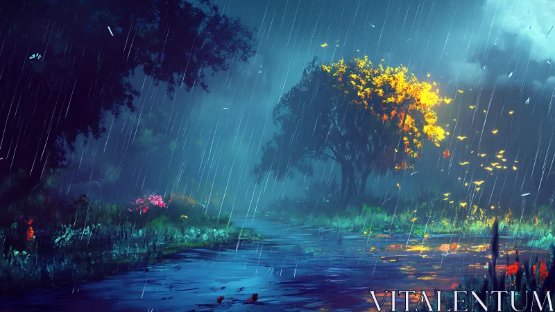 Golden tree glows beside a rainy midnight forest stream.