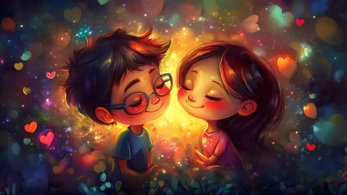 Illustrated Young Couple Kissing with Radiant Golden Bokeh and Heart Motifs
