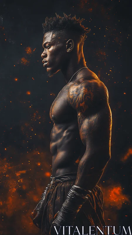 Powerful fighter pauses in glowing embers and quiet focus