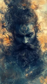 Mystical bearded figure emerging from swirling smoke.