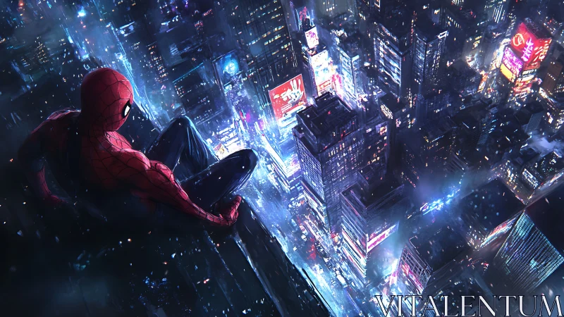 Nightwatch hero perched above a glittering neon cityscape.