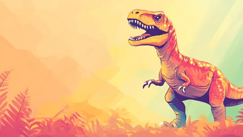 Sunrise roar of a neon T. rex in pastel junglescape.