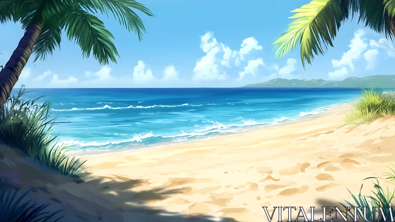 Tropical Paradise Beach With Palm Fronds And Turquoise Waters.