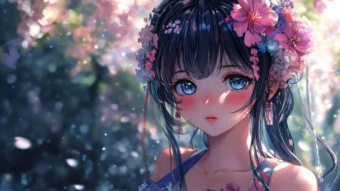 Blue eyed girl stands under glowing spring blossoms