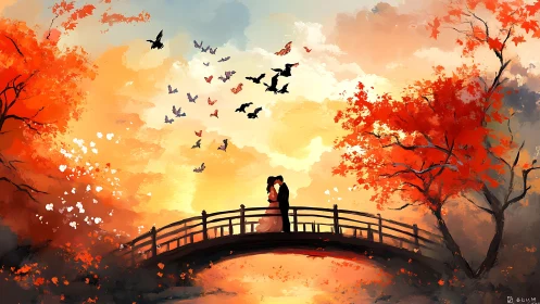 Two figures stand on arched bridge amid autumn foliage and flying birds