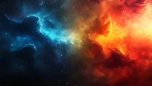 Cosmic nebula clash in dual blue and orange color fields.