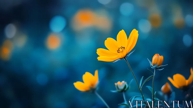 Shallow-depth bokeh imagery reveals vibrant yellow petals against deep teal blur.